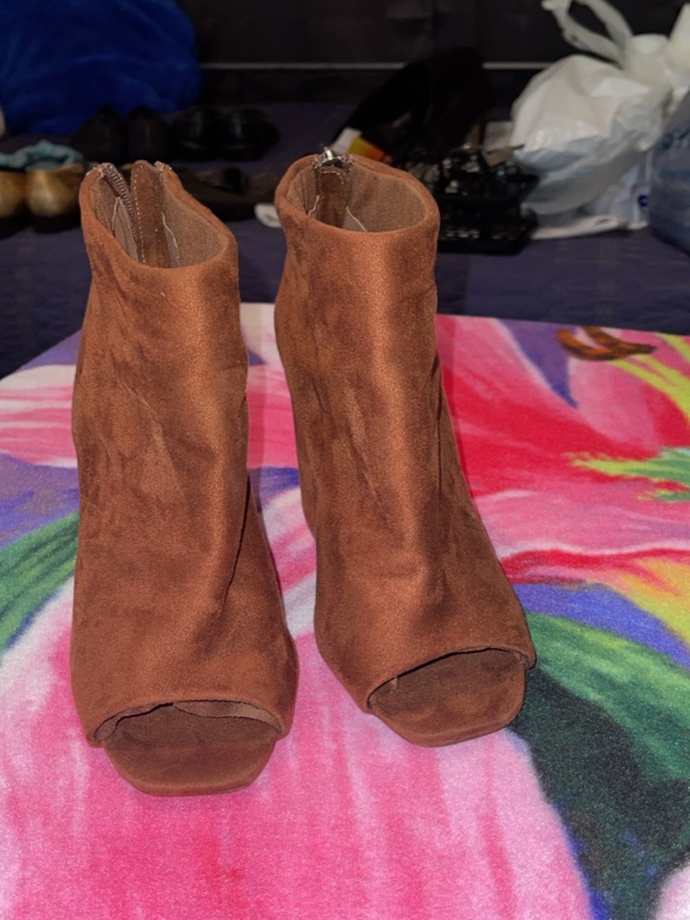 Womens Brown Suede Peep-Toe Ankle Boots